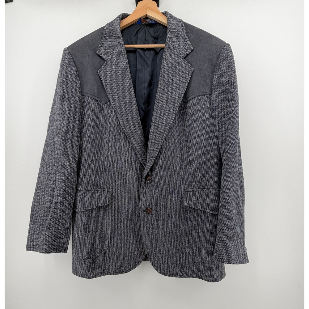 Pendleton Mens 44L Grey Herringbone Wool Western Blazer Suede Yoke Elbow Patches